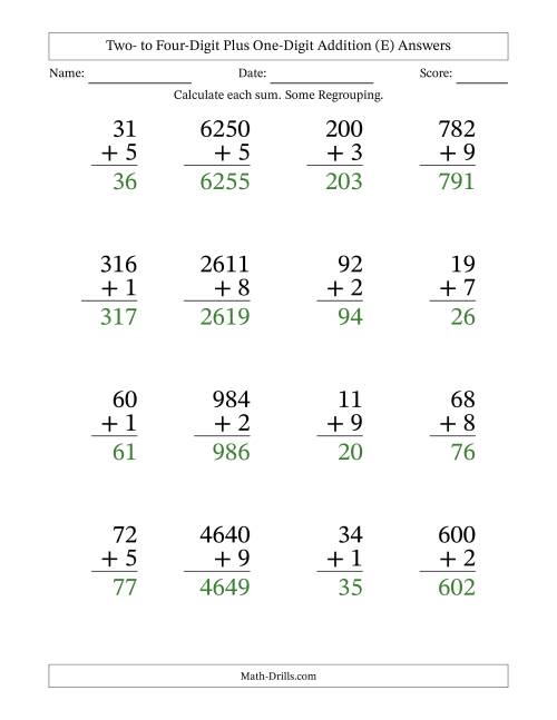 The Large Print Various-Digit Plus 1-Digit Addition with SOME Regrouping (E) Math Worksheet Page 2