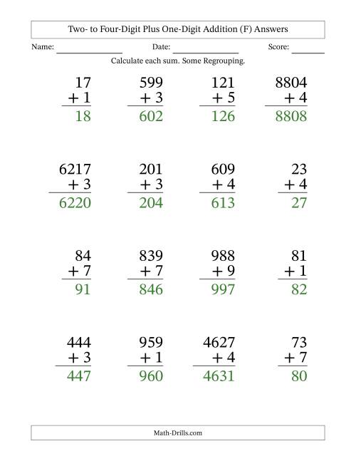 The Large Print Various-Digit Plus 1-Digit Addition with SOME Regrouping (F) Math Worksheet Page 2