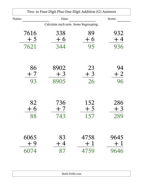 The Large Print Various-Digit Plus 1-Digit Addition with SOME Regrouping (G) Math Worksheet Page 2