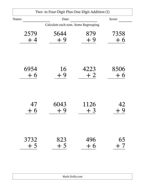 The Two- to Four-Digit Plus One-Digit Addition With Some Regrouping – 16 Questions – Large Print (I) Math Worksheet
