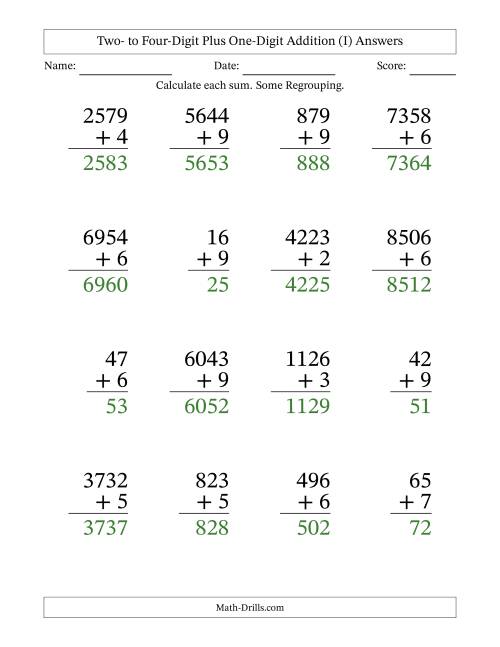 The Large Print Various-Digit Plus 1-Digit Addition with SOME Regrouping (I) Math Worksheet Page 2