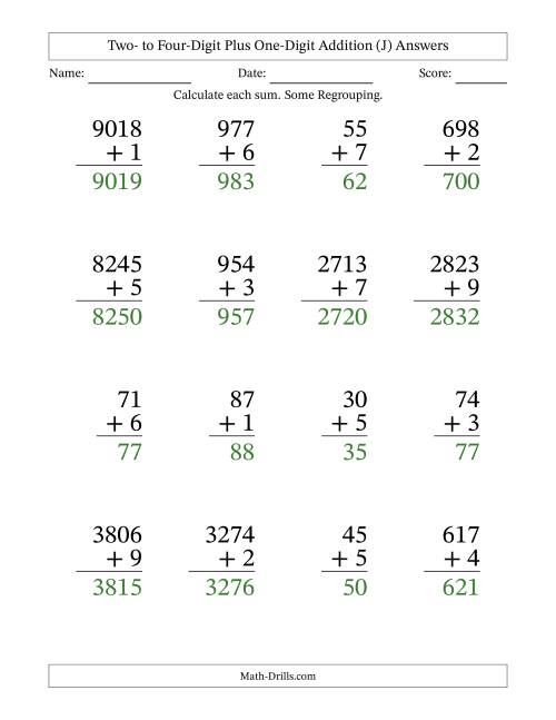The Large Print Various-Digit Plus 1-Digit Addition with SOME Regrouping (J) Math Worksheet Page 2