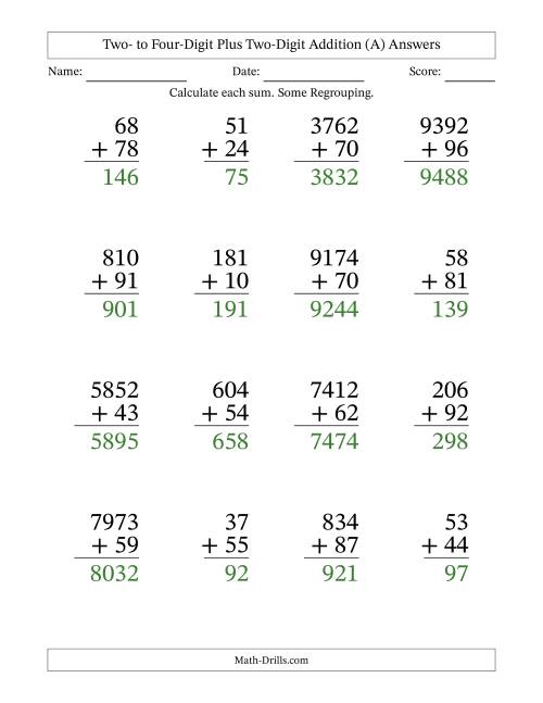 The Large Print Various-Digit Plus 2-Digit Addition with SOME Regrouping (A) Math Worksheet Page 2