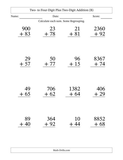 The Large Print Various-Digit Plus 2-Digit Addition with SOME Regrouping (B) Math Worksheet