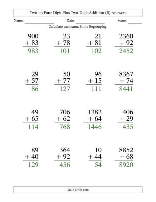 The Large Print Various-Digit Plus 2-Digit Addition with SOME Regrouping (B) Math Worksheet Page 2