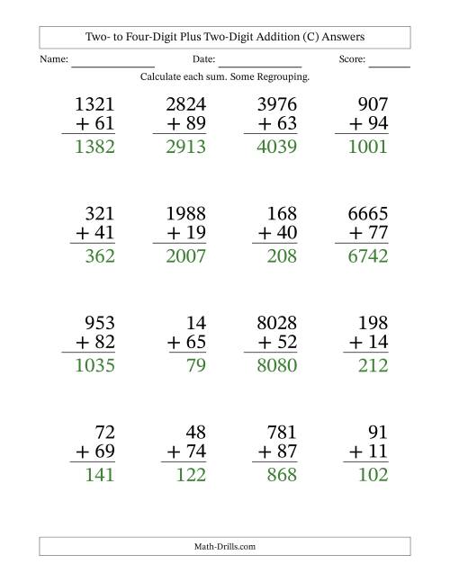 The Two- to Four-Digit Plus Two-Digit Addition With Some Regrouping – 16 Questions – Large Print (C) Math Worksheet Page 2
