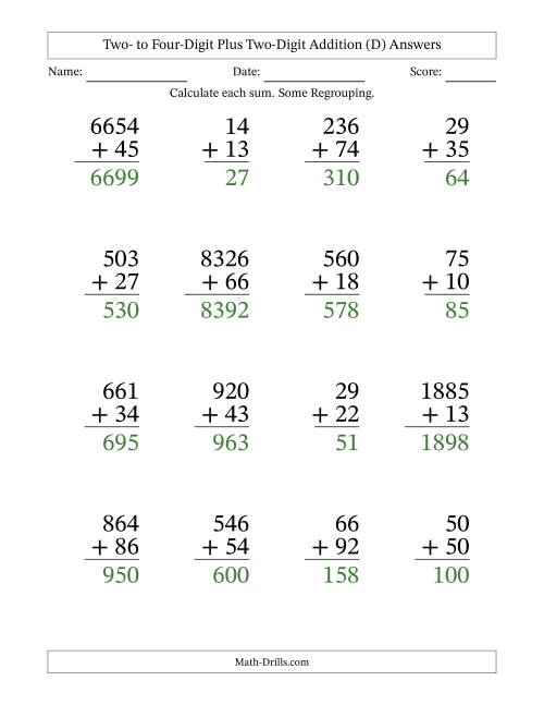 The Two- to Four-Digit Plus Two-Digit Addition With Some Regrouping – 16 Questions – Large Print (D) Math Worksheet Page 2