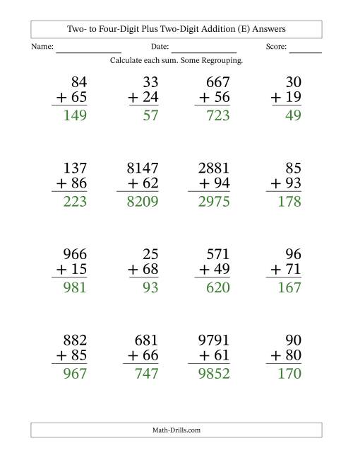 The Two- to Four-Digit Plus Two-Digit Addition With Some Regrouping – 16 Questions – Large Print (E) Math Worksheet Page 2