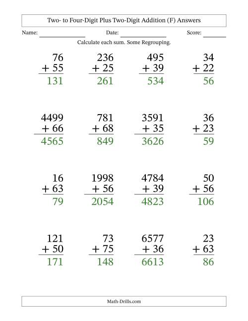 The Large Print Various-Digit Plus 2-Digit Addition with SOME Regrouping (F) Math Worksheet Page 2
