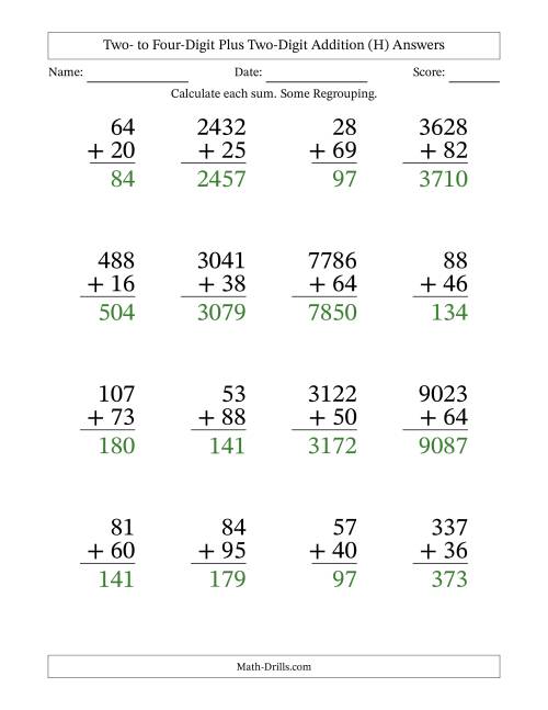 The Two- to Four-Digit Plus Two-Digit Addition With Some Regrouping – 16 Questions – Large Print (H) Math Worksheet Page 2