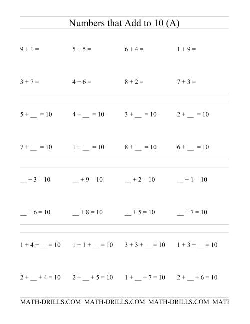 The Single Digit Addition -- Numbers that add to 10 (A) Math Worksheet