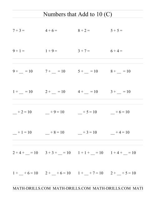 The Single Digit Addition -- Numbers that add to 10 (C) Math Worksheet