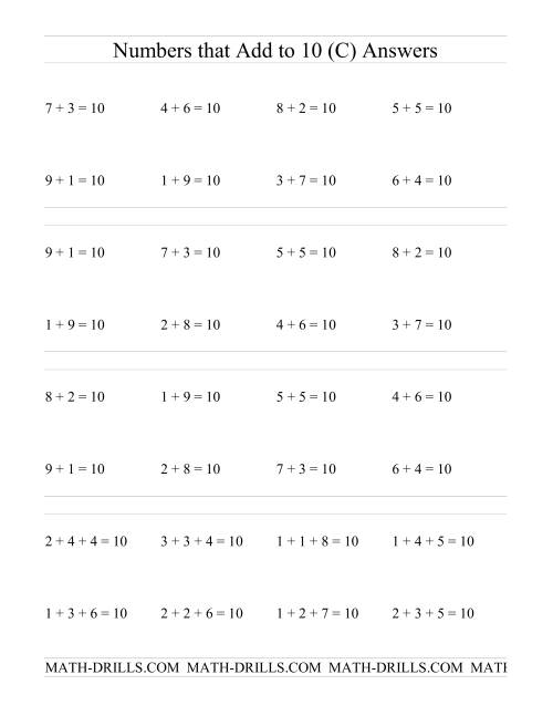 The Single Digit Addition -- Numbers that add to 10 (C) Math Worksheet Page 2
