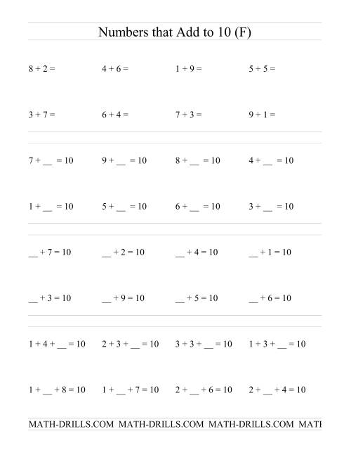 The Single Digit Addition -- Numbers that add to 10 (F) Math Worksheet