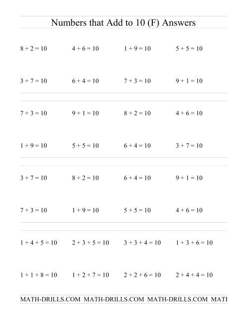 The Single Digit Addition -- Numbers that add to 10 (F) Math Worksheet Page 2
