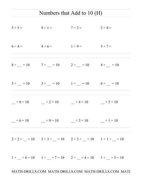 The Single Digit Addition -- Numbers that add to 10 (H) Math Worksheet