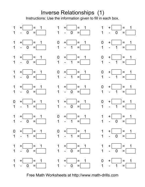 The Inverse Relationships -- Addition and Subtraction -- Focus on 1 (A) Math Worksheet