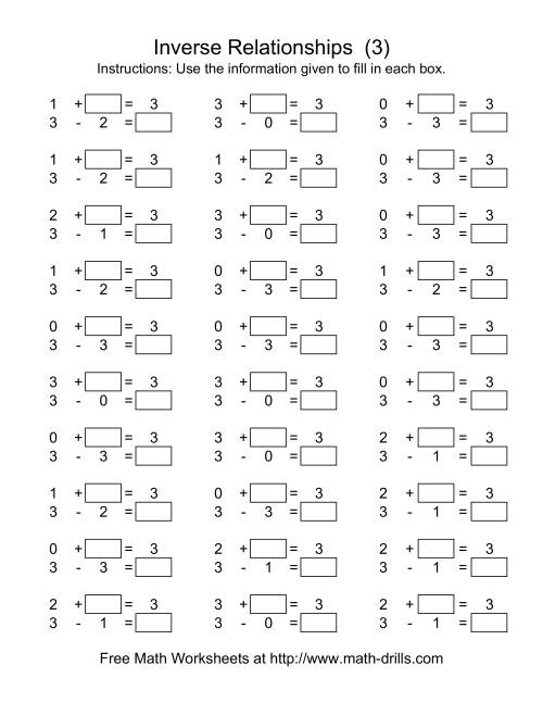 The Inverse Relationships -- Addition and Subtraction -- Focus on 3 (C) Math Worksheet