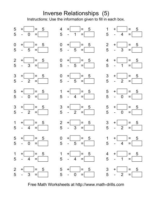The Inverse Relationships -- Addition and Subtraction -- Focus on 5 (E) Math Worksheet