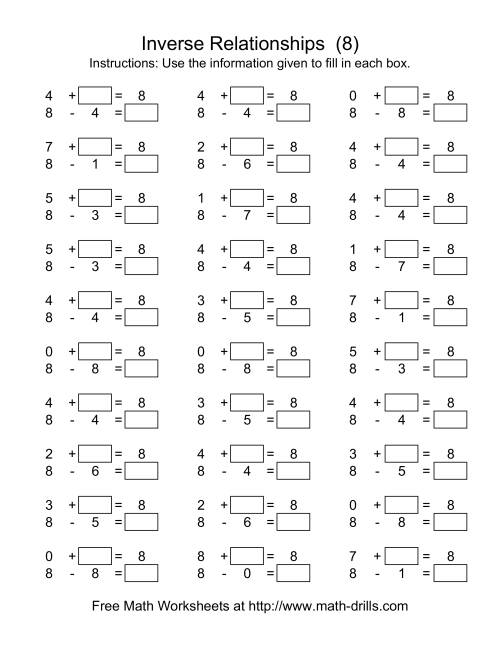 The Inverse Relationships -- Addition and Subtraction -- Focus on 8 (H) Math Worksheet