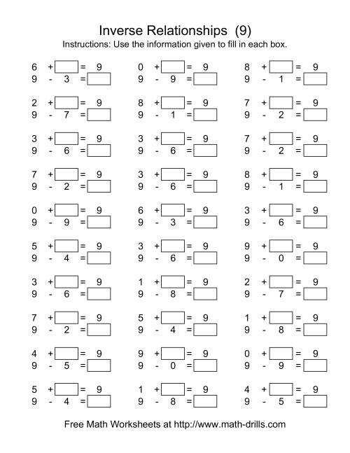 The Inverse Relationships -- Addition and Subtraction -- Focus on 9 (I) Math Worksheet
