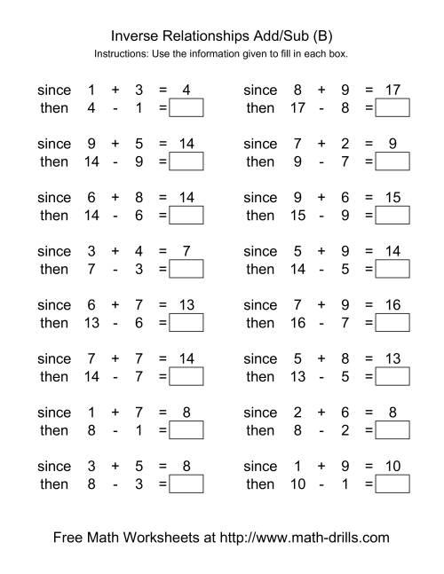The Inverse Relationships -- Addition and Subtraction -- Range 1 to 9 (B) Math Worksheet