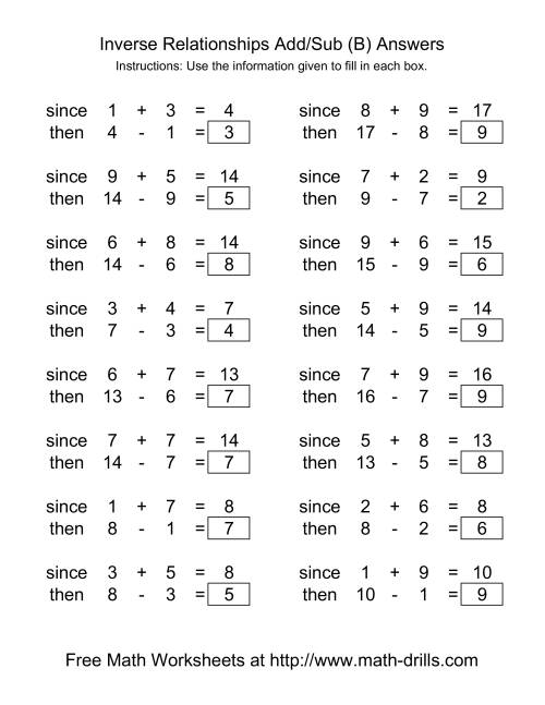 The Inverse Relationships -- Addition and Subtraction -- Range 1 to 9 (B) Math Worksheet Page 2
