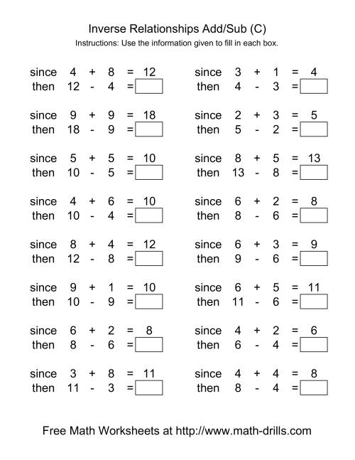 The Inverse Relationships -- Addition and Subtraction -- Range 1 to 9 (C) Math Worksheet