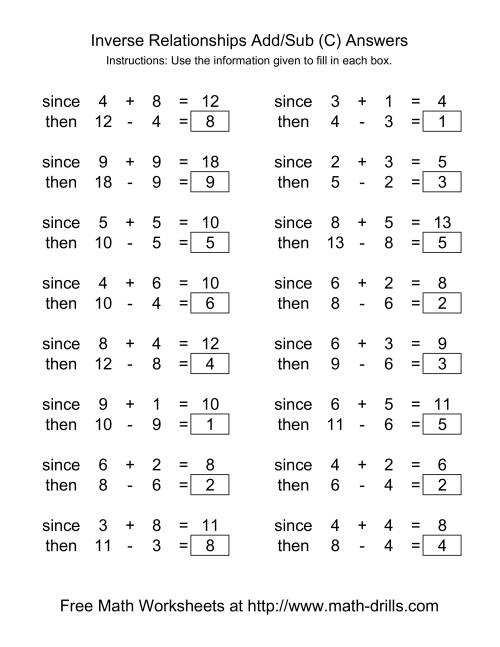 The Inverse Relationships -- Addition and Subtraction -- Range 1 to 9 (C) Math Worksheet Page 2
