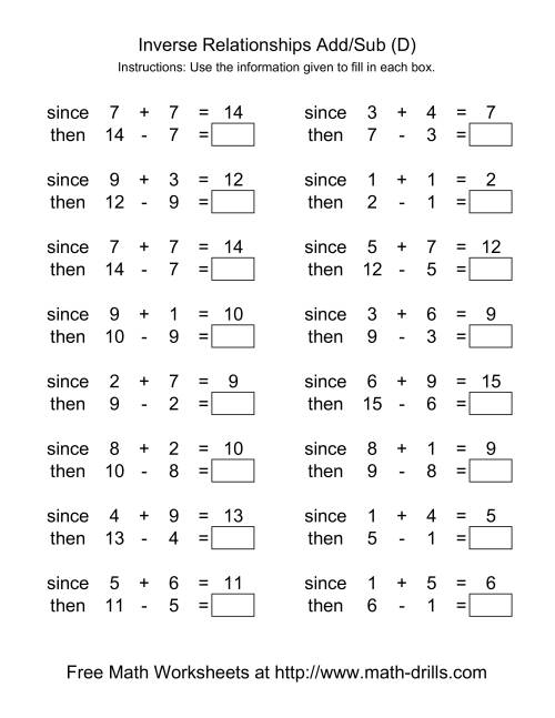 The Inverse Relationships -- Addition and Subtraction -- Range 1 to 9 (D) Math Worksheet