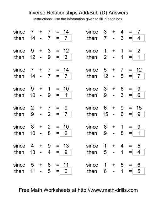 The Inverse Relationships -- Addition and Subtraction -- Range 1 to 9 (D) Math Worksheet Page 2