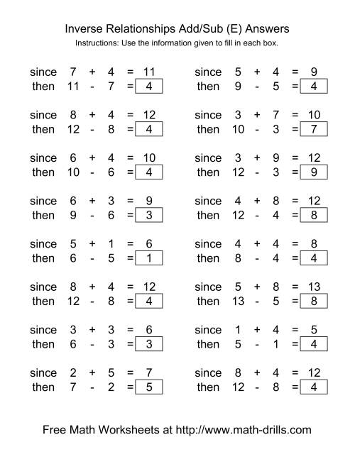 The Inverse Relationships -- Addition and Subtraction -- Range 1 to 9 (E) Math Worksheet Page 2