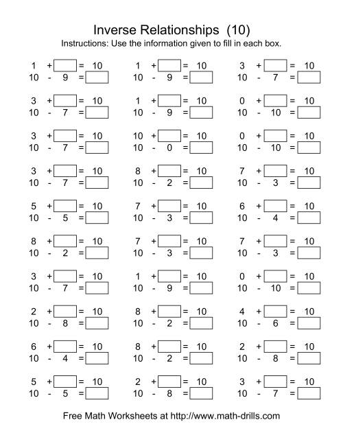 The Inverse Relationships -- Addition and Subtraction -- Focus on 10 (J) Math Worksheet