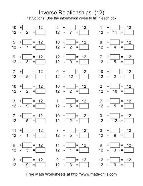 The Inverse Relationships -- Addition and Subtraction -- Focus on 12 (L) Math Worksheet