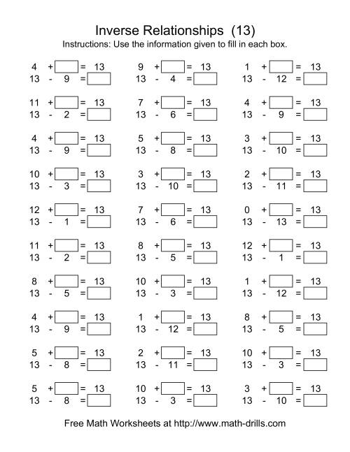The Inverse Relationships -- Addition and Subtraction -- Focus on 13 (M) Math Worksheet