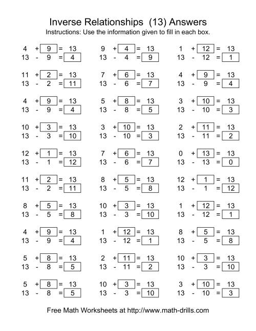 The Inverse Relationships -- Addition and Subtraction -- Focus on 13 (M) Math Worksheet Page 2