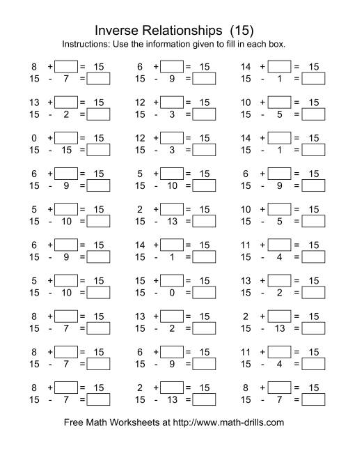 The Inverse Relationships -- Addition and Subtraction -- Focus on 15 (O) Math Worksheet