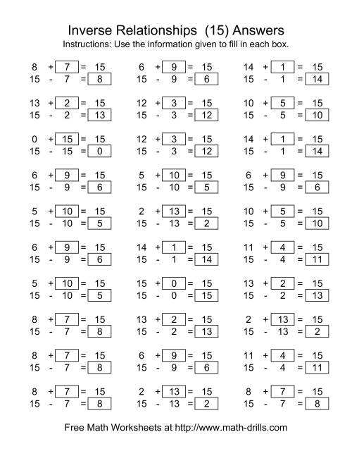 The Inverse Relationships -- Addition and Subtraction -- Focus on 15 (O) Math Worksheet Page 2