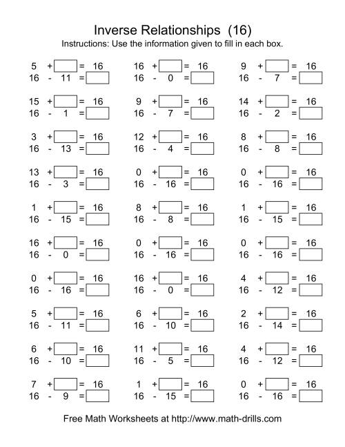 The Inverse Relationships -- Addition and Subtraction -- Focus on 16 (P) Math Worksheet