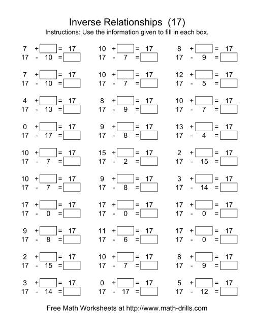 The Inverse Relationships -- Addition and Subtraction -- Focus on 17 (Q) Math Worksheet
