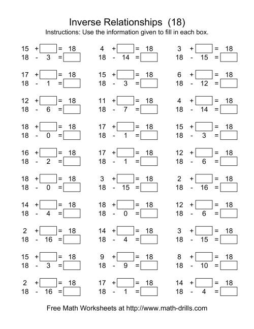 The Inverse Relationships -- Addition and Subtraction -- Focus on 18 (R) Math Worksheet