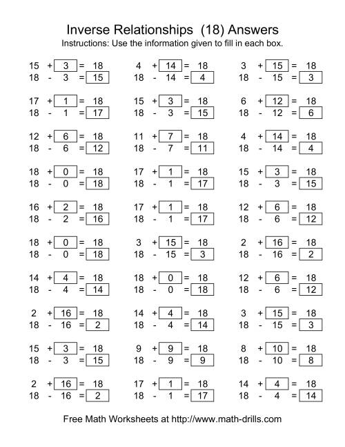The Inverse Relationships -- Addition and Subtraction -- Focus on 18 (R) Math Worksheet Page 2