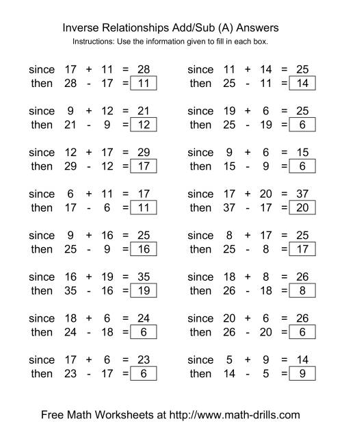 The Inverse Relationships -- Addition and Subtraction -- Range 5 to 20 (A) Math Worksheet Page 2