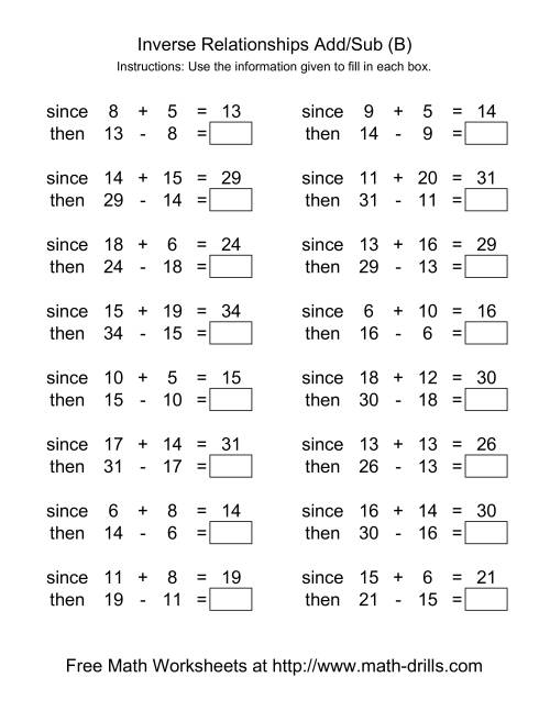 The Inverse Relationships -- Addition and Subtraction -- Range 5 to 20 (B) Math Worksheet