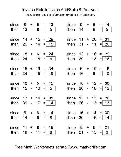 The Inverse Relationships -- Addition and Subtraction -- Range 5 to 20 (B) Math Worksheet Page 2