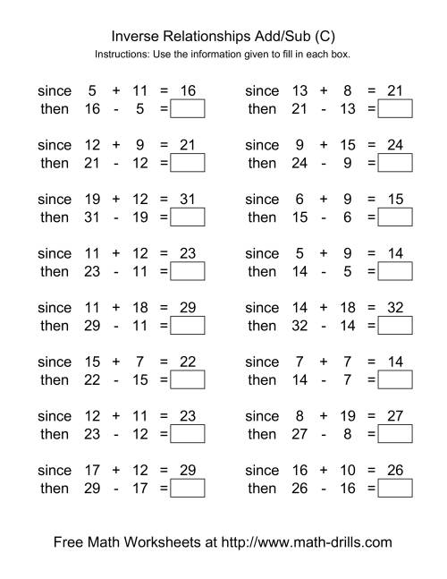 The Inverse Relationships -- Addition and Subtraction -- Range 5 to 20 (C) Math Worksheet