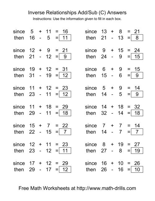 The Inverse Relationships -- Addition and Subtraction -- Range 5 to 20 (C) Math Worksheet Page 2