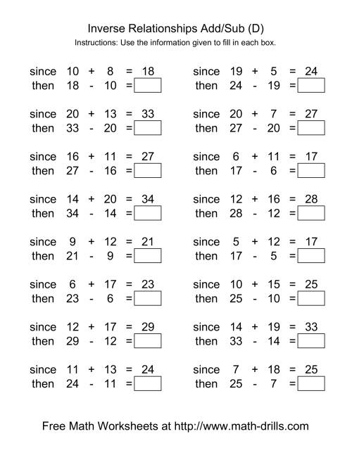 The Inverse Relationships -- Addition and Subtraction -- Range 5 to 20 (D) Math Worksheet