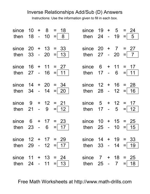 The Inverse Relationships -- Addition and Subtraction -- Range 5 to 20 (D) Math Worksheet Page 2