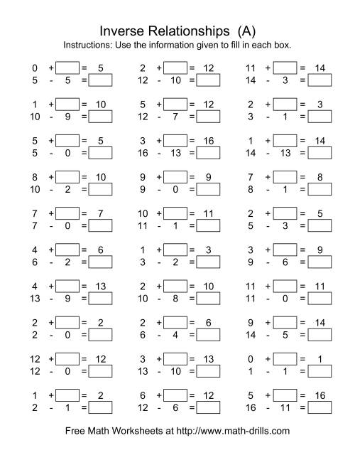 The Inverse Relationships (Two Blanks) -- Addition and Subtraction -- Range 1 to 18 (A) Math Worksheet